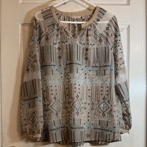Soft Surroundings Sheer Boho Embroidered Tunic Tan/ Blue / Brown Sz Medium